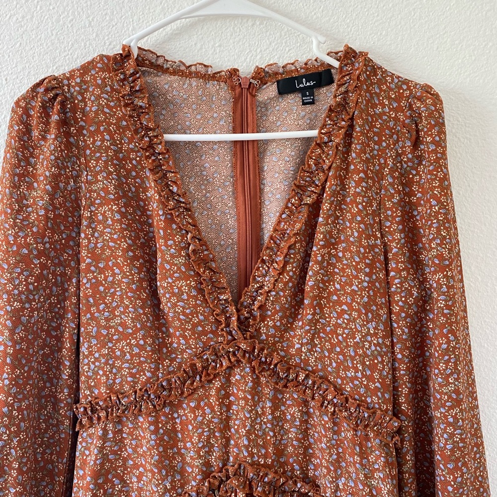 Lulu’s Orange Floral Ruffled Long Sleeve Dress - Picture 6 of 14